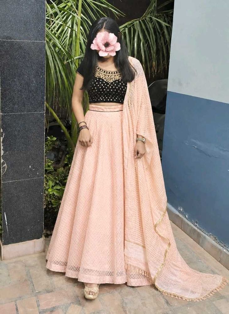 Elegant Peach &amp; Black Lehenga Choli Set