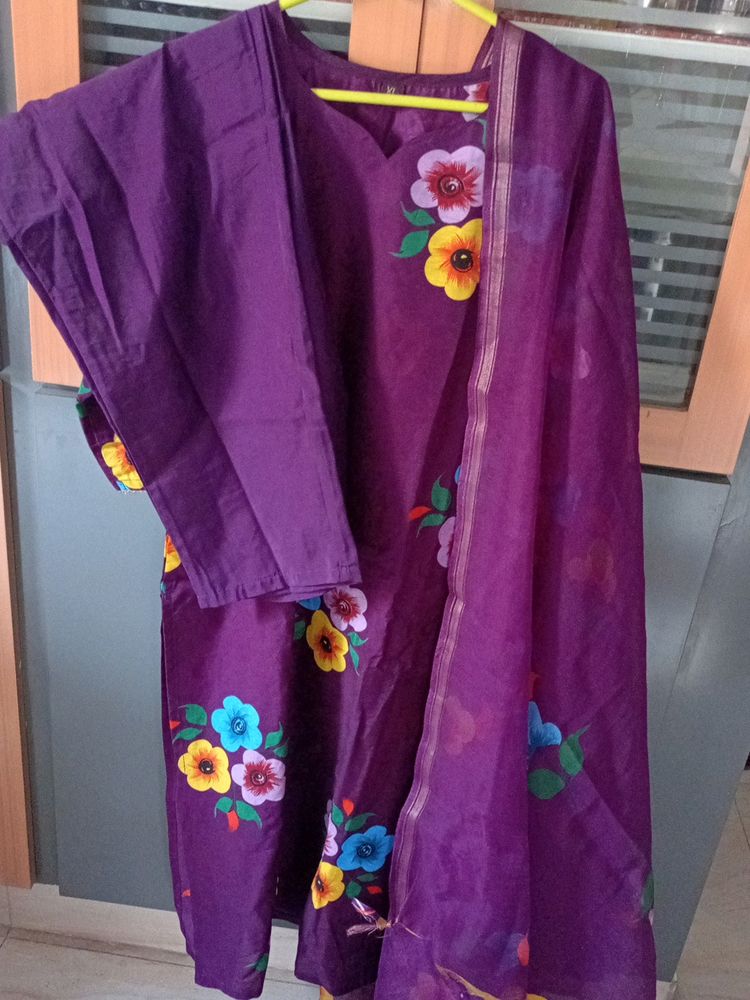 Purple Cotton Blend Kurta Suit Set