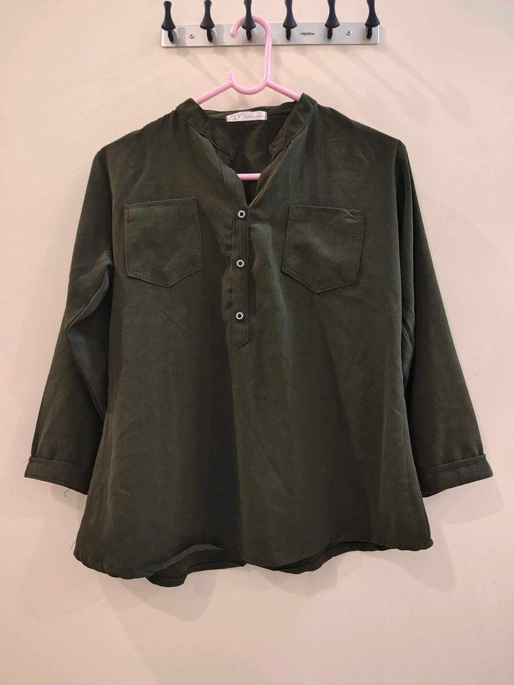 Korean Style Olive Green Collared Tunic Top
