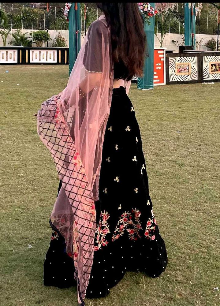Black Velvet Lehenga Choli with instriced
