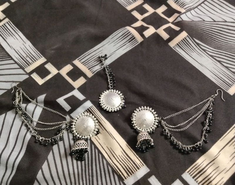 Oxidised Bahubali Earrings And Mangtika Set