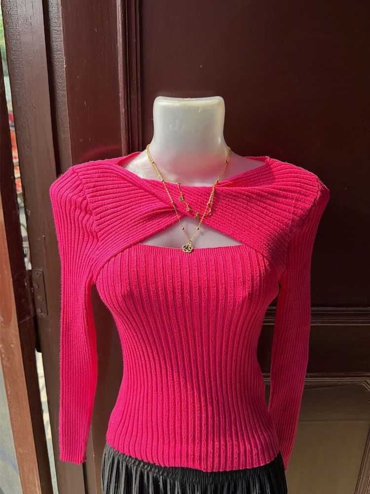 Hot Pink Cut-Out Ribbed Knit Top