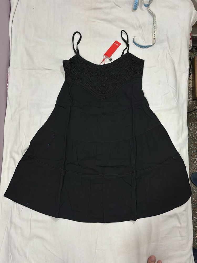 Black Spaghetti Strap Dress with Lace Top