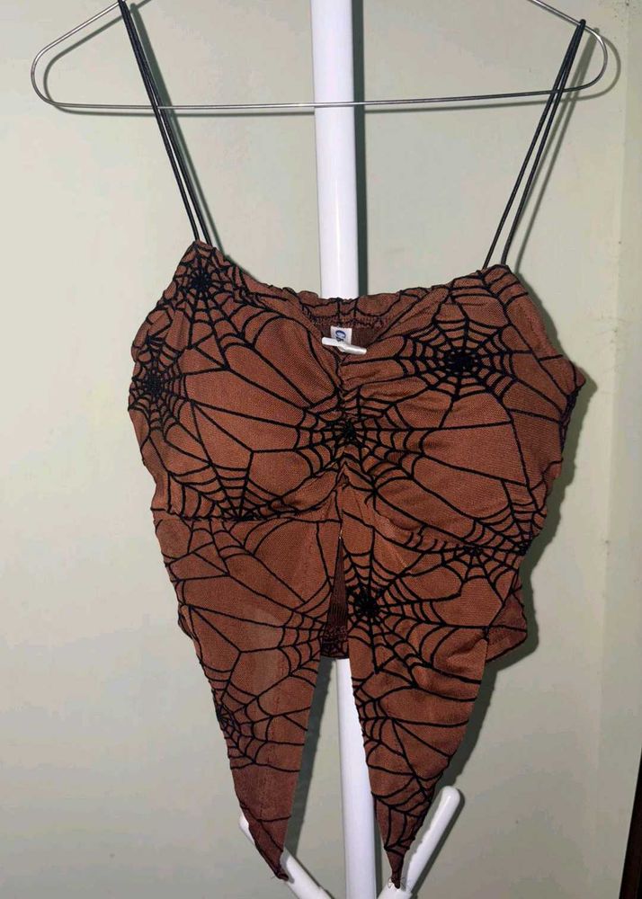 Brown Spiderweb Ruched GOTH Crop Top