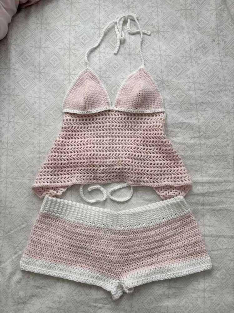 Crochet Bikini Set - Pink &amp; White