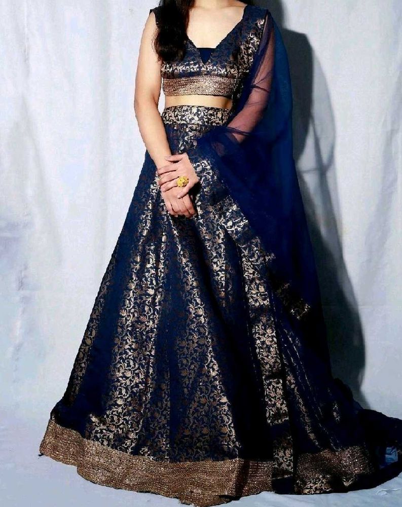 Elegant Blue &amp; Gold Brocade Lehenga Set