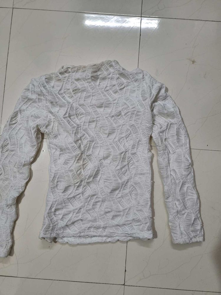 White Textured Mock Neck Top