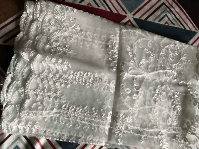 Embroidered White Net Duppata