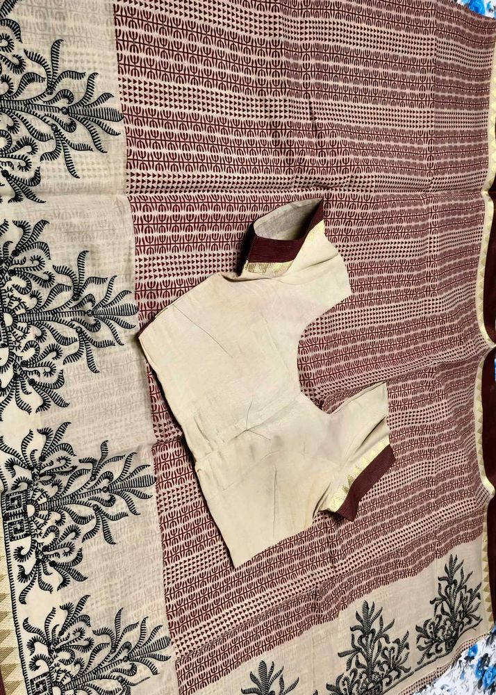 Zari Embroidery Handblock print ChanderiSilk Saree