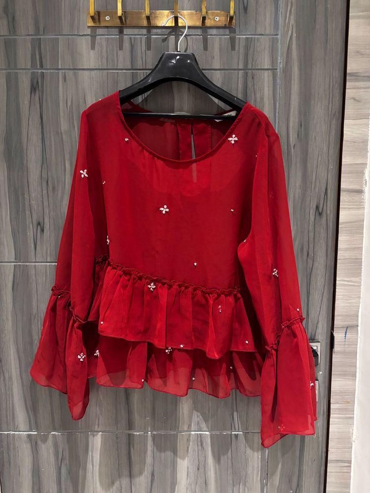 Red Embellished Ruffled Top