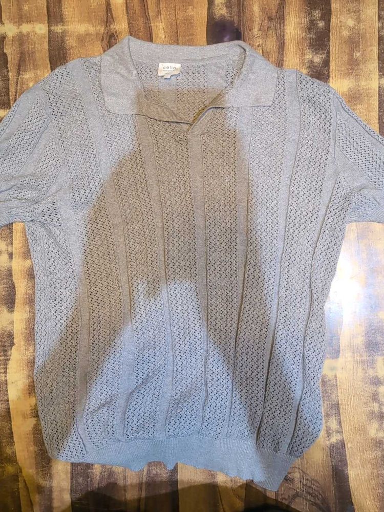 Men's Grey Knit Polo Sweater