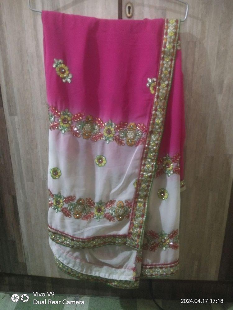 Pink &amp; White Embroidered Saree