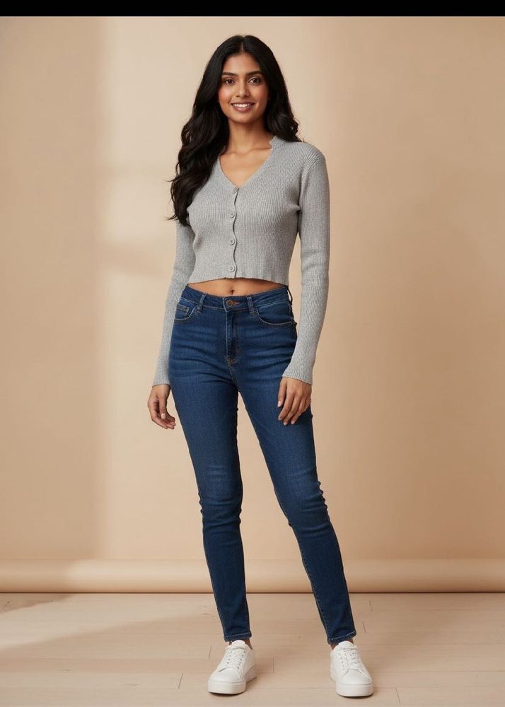 Grey Ribbed Crop Cardigan