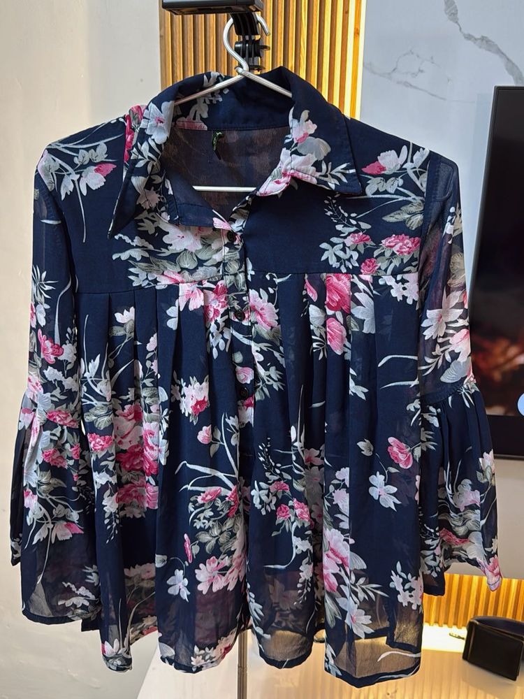 Navy Floral Bell Sleeve Top