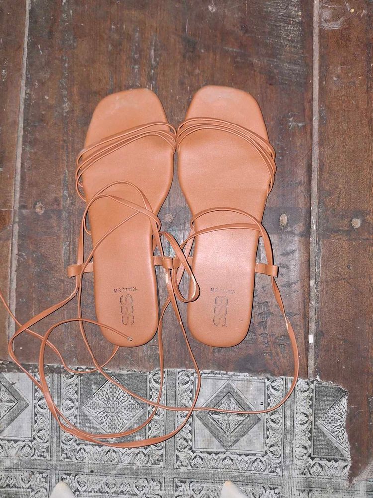 Tan Strappy Lace-Up Flat Sandals