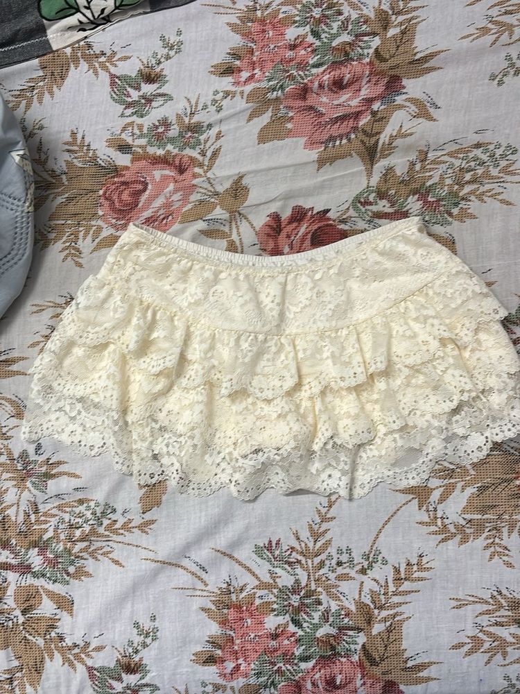 Cream Lace Ruffle Mini Skirt
