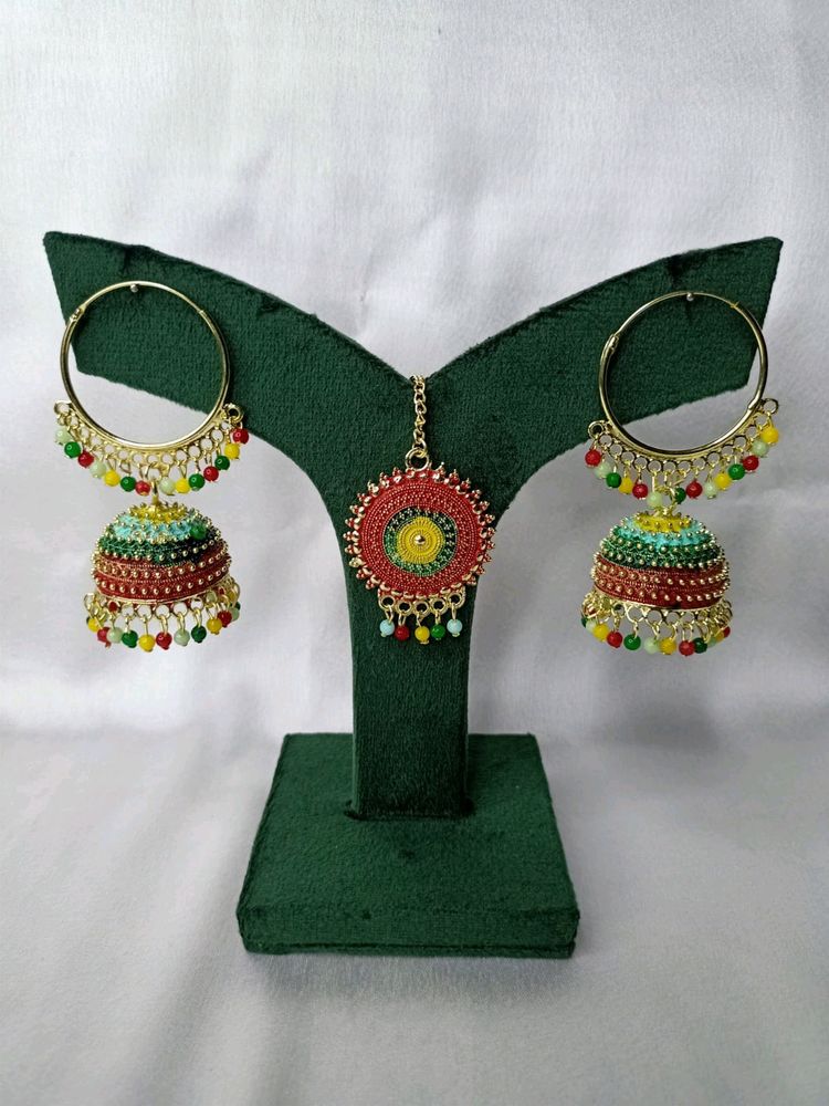 Multi colours mangtika &amp;jhumka earrings