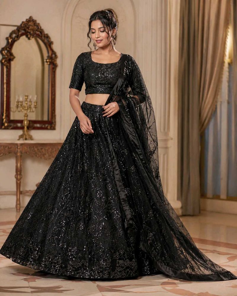 Elegant Black Sequin Embroidery Lehenga