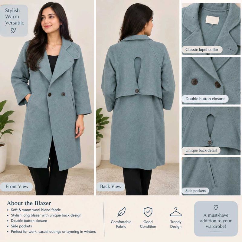 Stylish Long Wool Blend Blazer