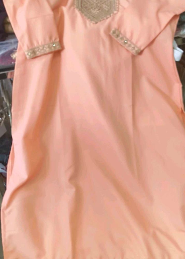 Peach Kurta with Embellished Neckline