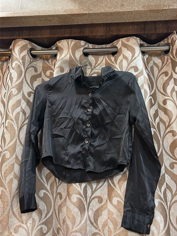 Sleek Black Satin Cropped Shirt