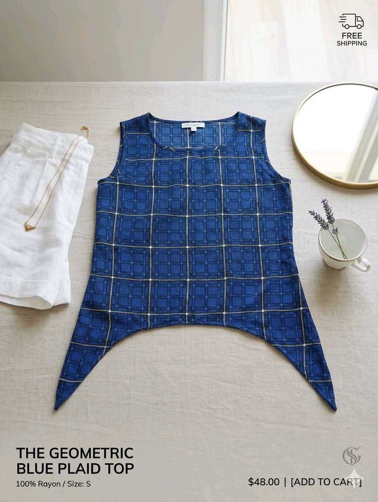 Geometric Blue Plaid Sleeveless Top