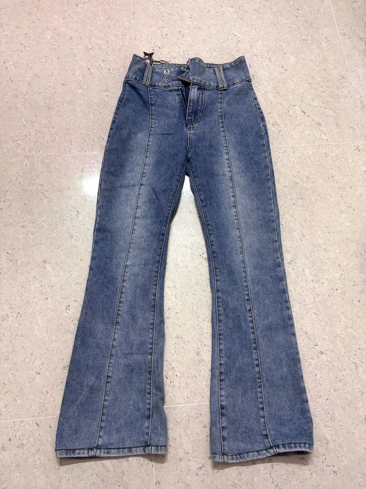 y2kbutton mid waist Flared Blue Denim Jeans
