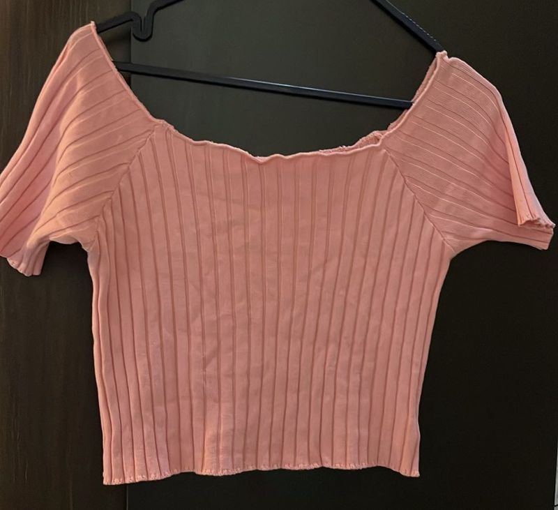 Ribbed Off-Shoulder Pink Top