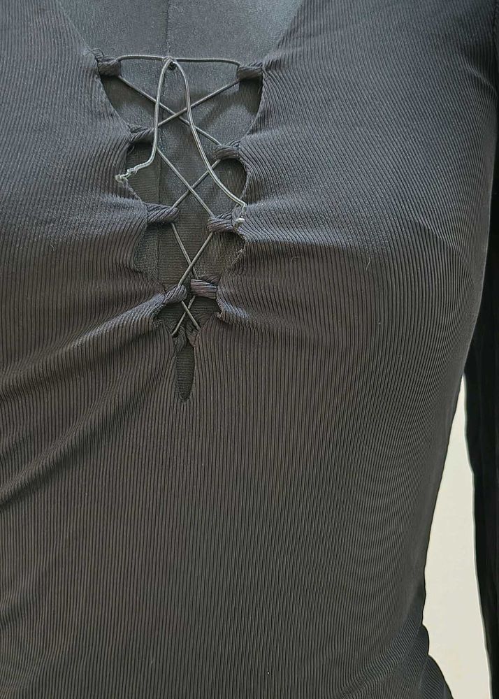 Black Ribbed Lace-Up Long Sleeve Top