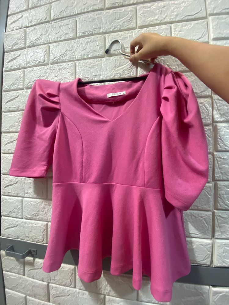 V-Neck Peplum Top with Puff Sleeves