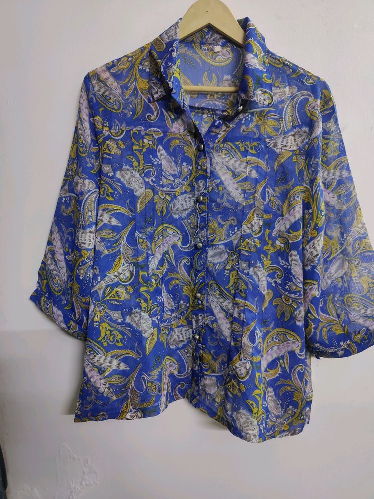 Printed Royal Blue Georgette Shirt
