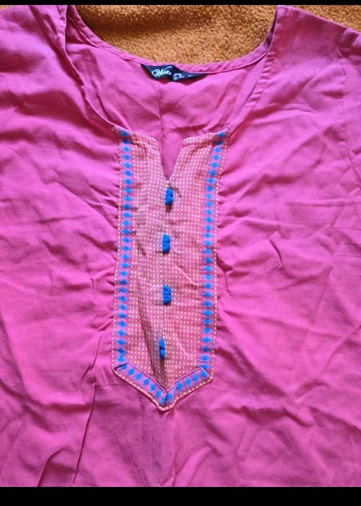 Pink Kurta with Blue Embroidery