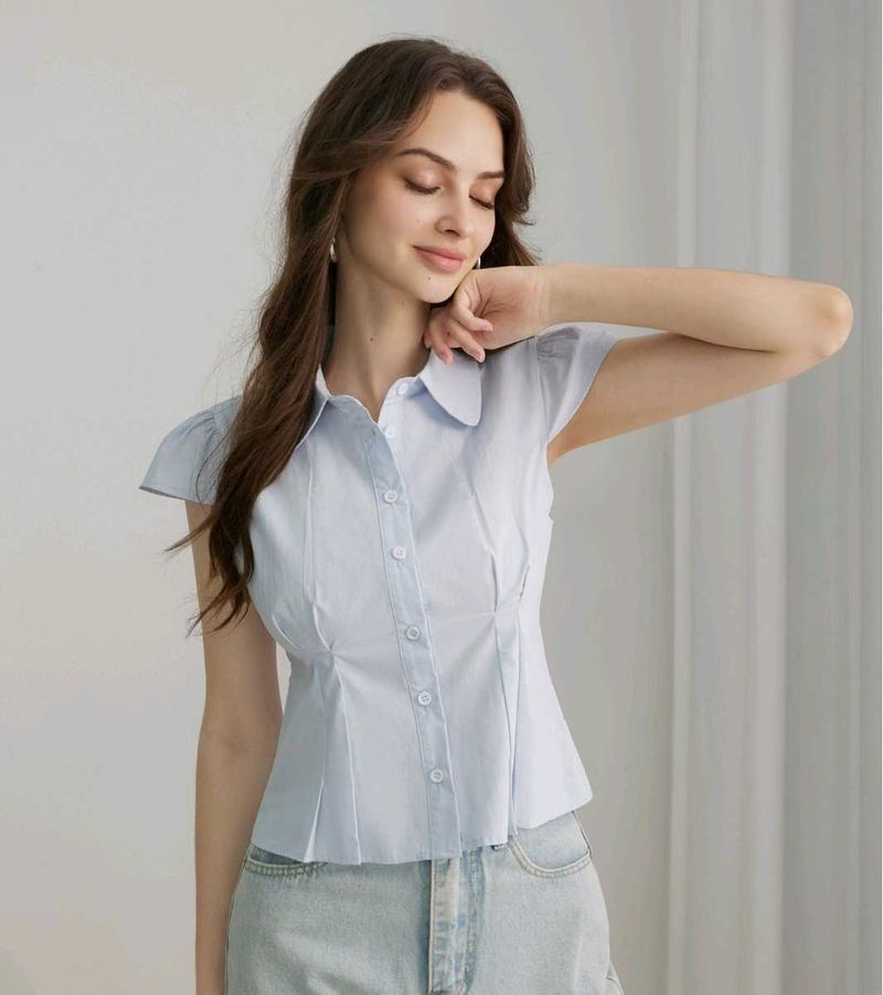 Elegant Light Blue Button-Up Top(SAVANA)