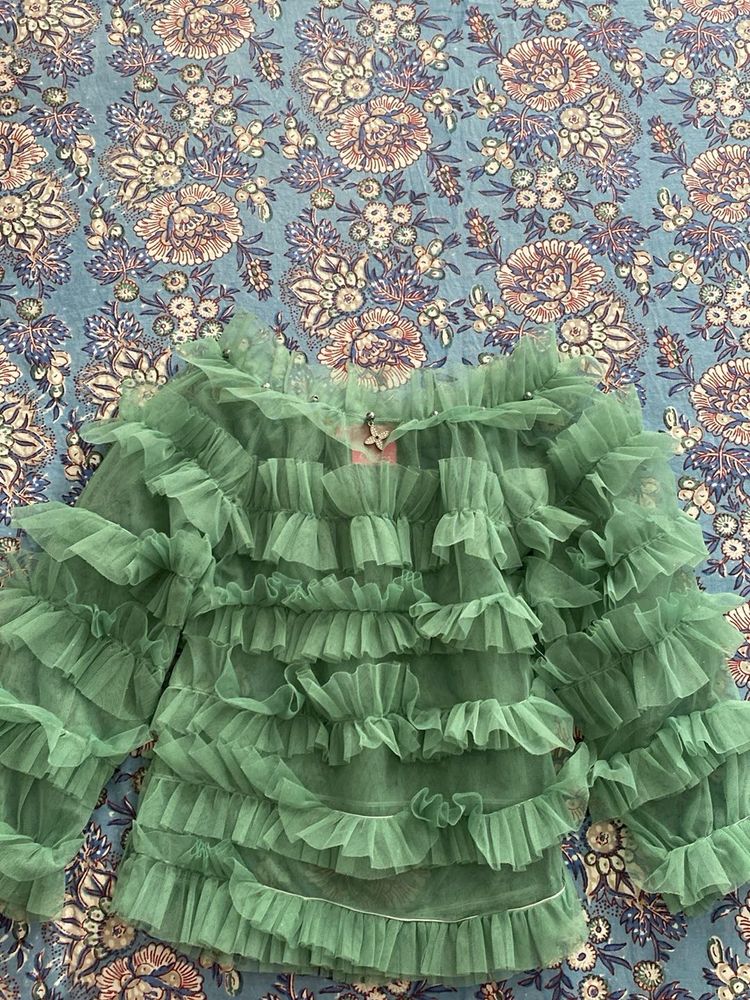 Designer Ruffled Net Top with sphegetti for Girls