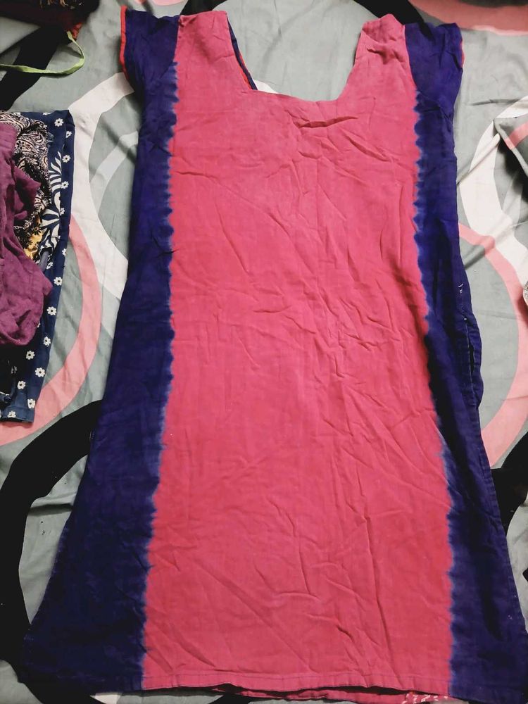 Pink Bandhani Print Kurta only  with Blue Border