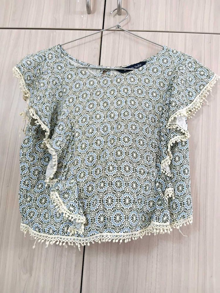Boho Floral Print Lace Trim Top