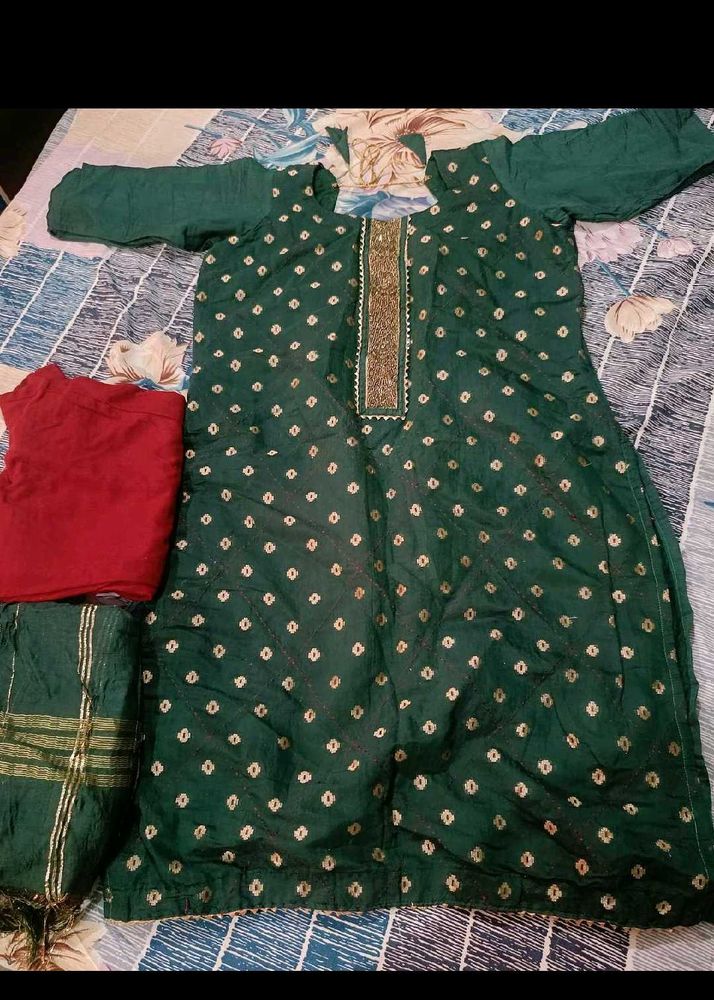 Green Kurta Set with Dupatta &amp; Bottoms