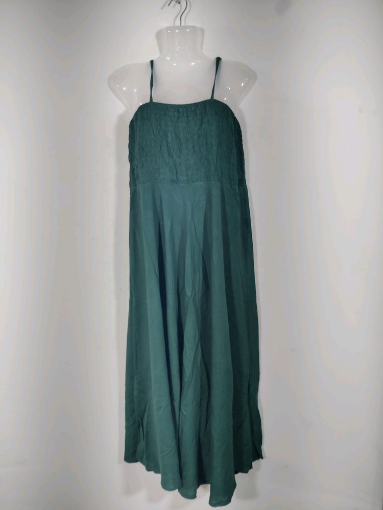 Green Plain Smoking Strap Dress (Women's)