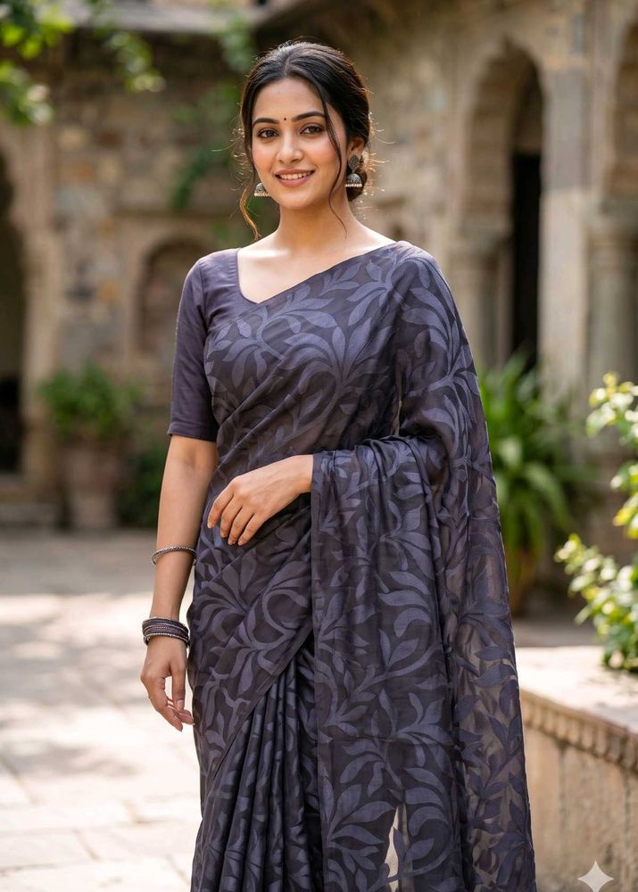 Navy blue leaf Print Saree