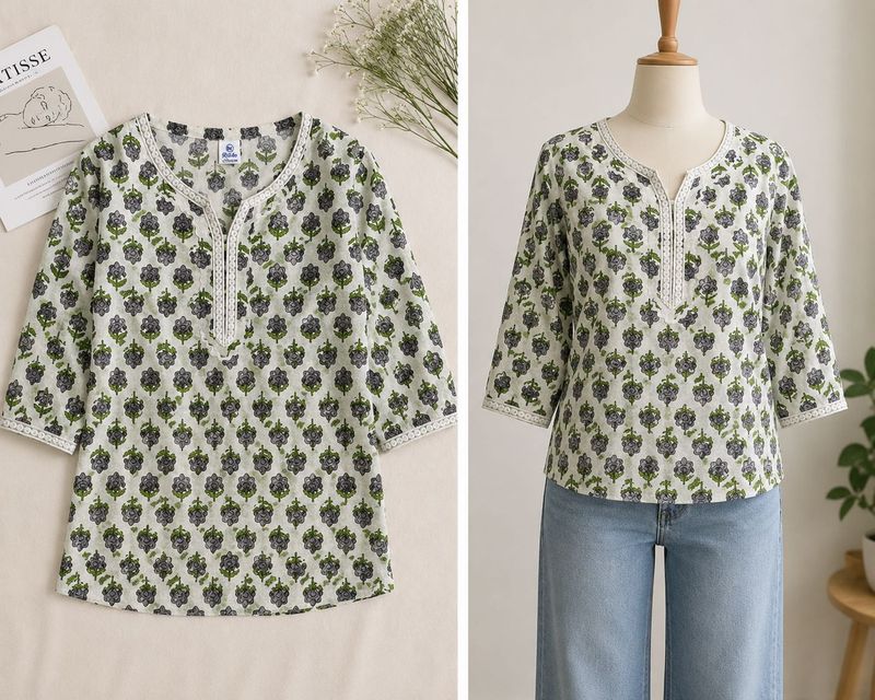 Floral Printed Kurti with Embroidered Neckline
