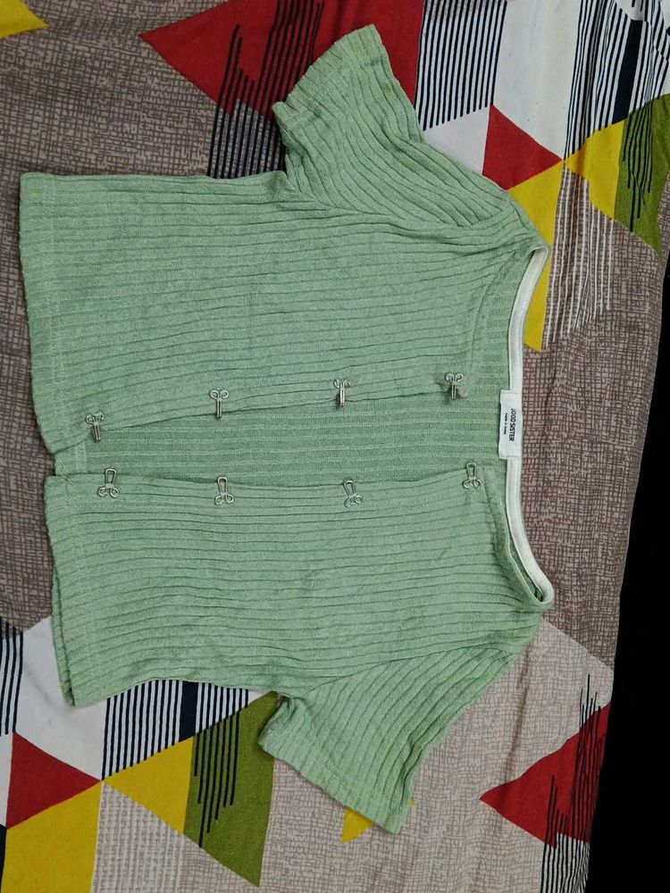 Green Ribbed Cropped Cardigan
