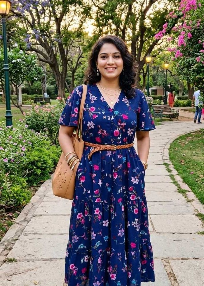 Navy Floral Print Midi Dress