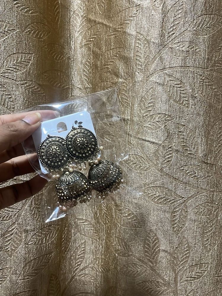 Oxidised Jhumka Earrings with Pearls