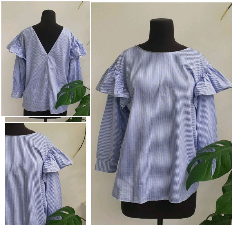 ZaRA Ruffle Sleeve Striped Blouse