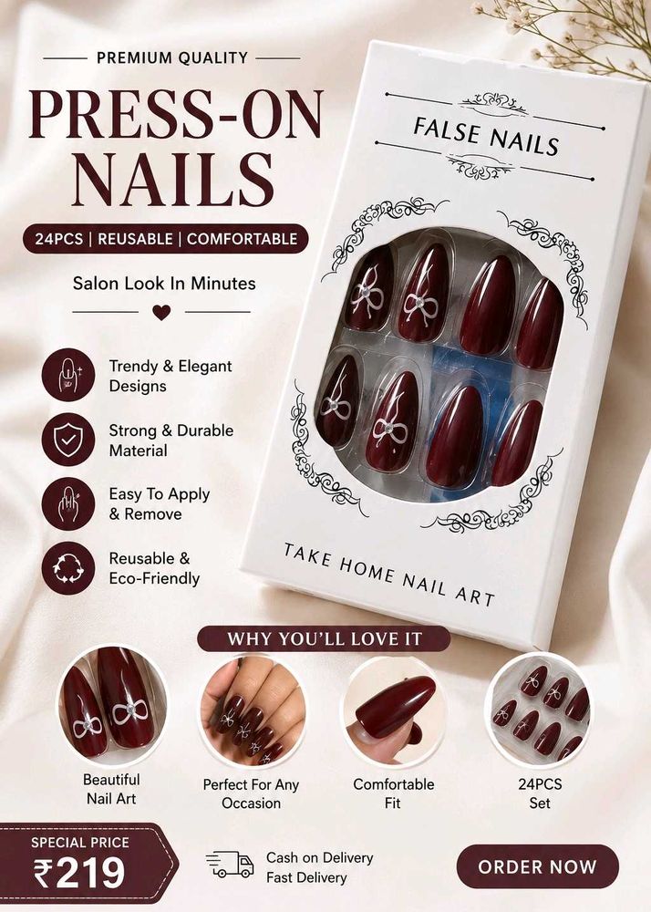 Burgundy False Nails with Bow Design