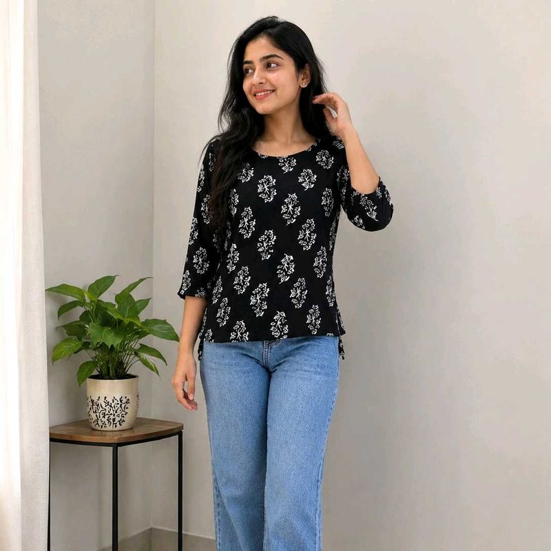 Black Floral Printed Casual kurti for Women size -