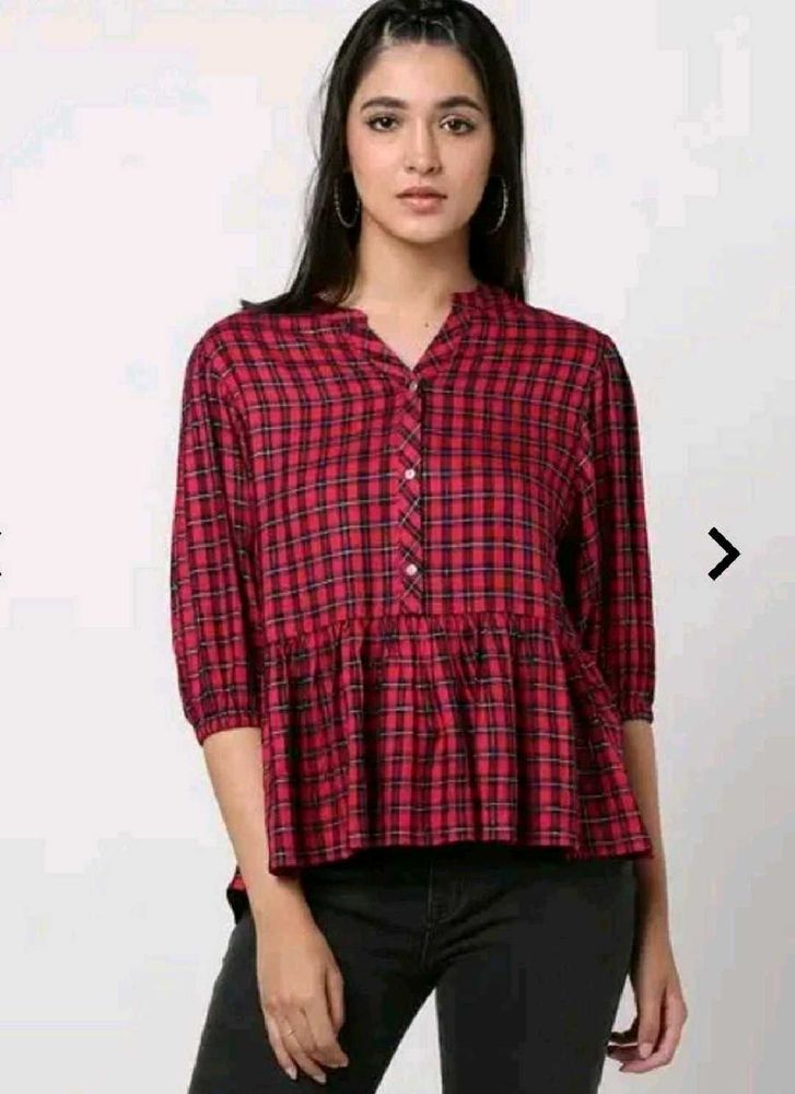 Red Plaid Peplum Blouse