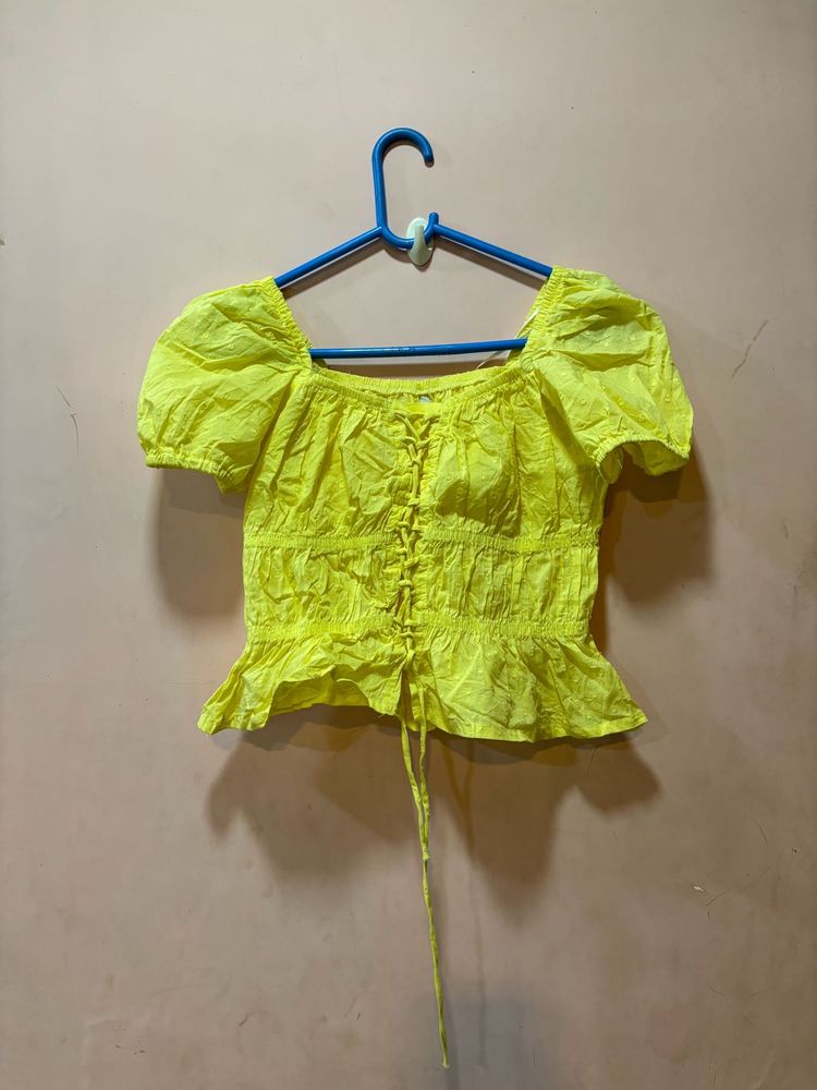 Bright Yellow Puff Sleeve Lace-Up Top