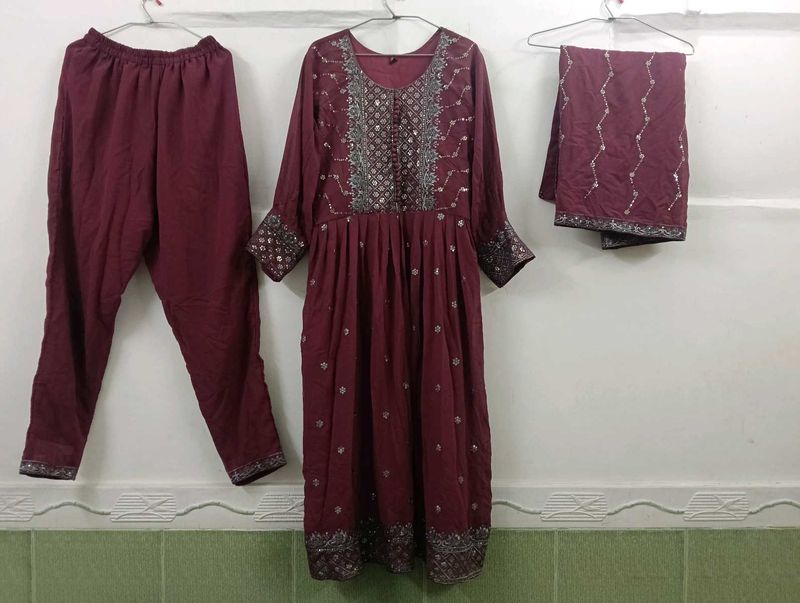 Maroon Embroidered Kurta Set with Dupatta