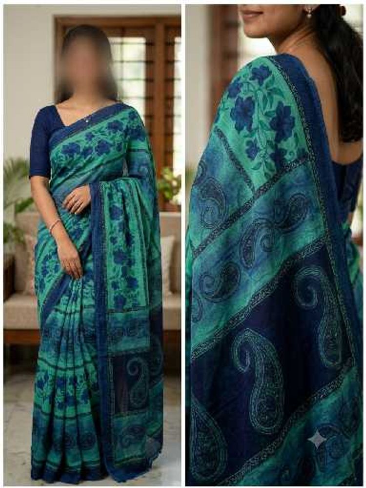 Beautiful Blue &amp; Green Floral Saree